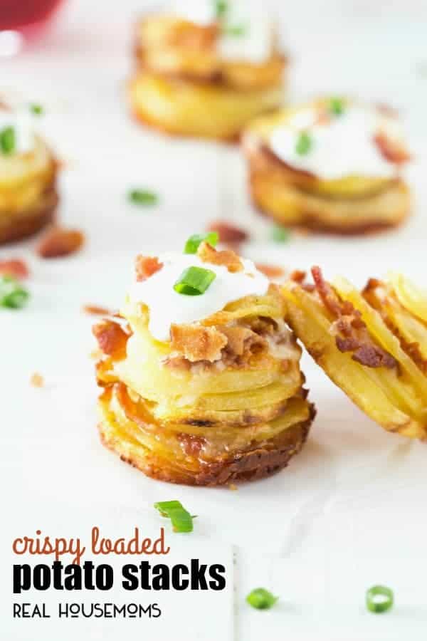 If you can slice and load potatoes with crispy bacon and shredded cheese then you can make these CRISPY LOADED POTATO STACKS! They are perfect as a side dish or serve them at your next party!