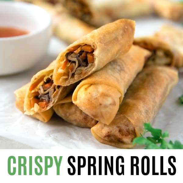 square image of crispy spring rolls with text