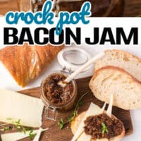 top is a pic of a spoon inside a jelly jar iwth the crockpot bacon jam, bottom pic is crockpot bacon jam spreadon bread