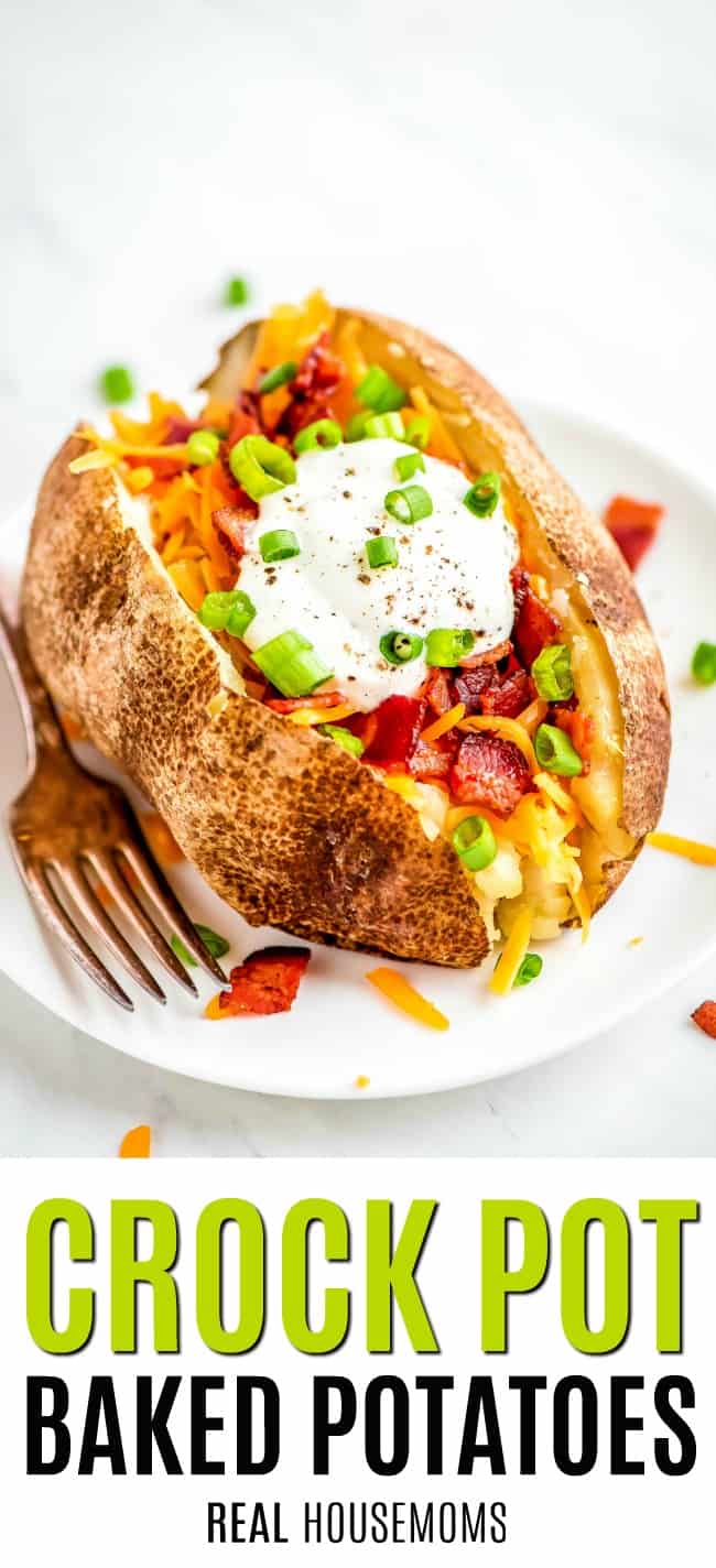 crock pot baked potato loaded with sour cream, cheese, bacon, and green onion