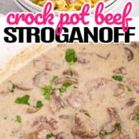 top image of crock pot beef stroganoff served over egg noodles in a bowl, bottom image crock pot beef stroganoff sprinkled with chopped parsley over the slow cooker with the title of the post in the middle of the two images in pink and black lettering