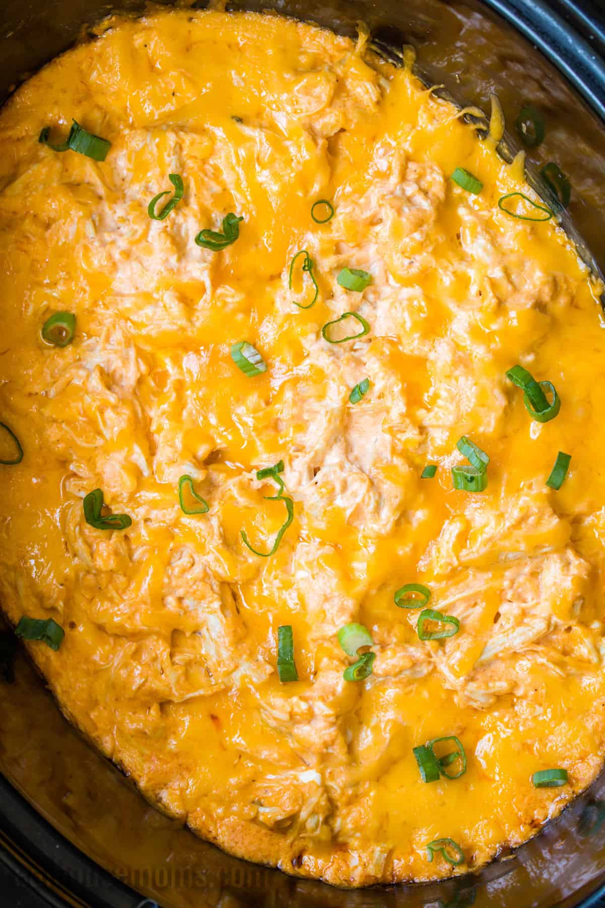 looking down at Crock Pot Buffalo Chicken Dip toped with sliced green onions in a slow cooker