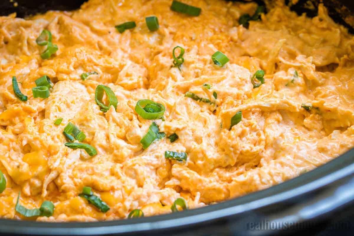angled view of buffalo chicken dip in a crock pot