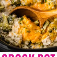 Crock Pot Cheesy Broccoli Chicken and Rice in slow cooker with a wooden spoon with recipe name at bottom