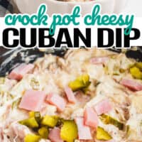 image of crock pot cheesy cuban dip in a serving bowl with a bread slice stuck into the dip, bottom image crock pot cheesy cuban dip topped with more ham and pickles in a the crock pot. with the title of the post in the middle of the two images in blue and black lettering