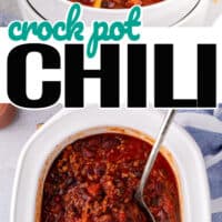 top image of crock pot chili topped with cheddar cheese and white onion, bottom image is crock pot chili in the slow cooker after cooking with a serving spoon. In the middle of the two images is the title of the post in blue and black lettering