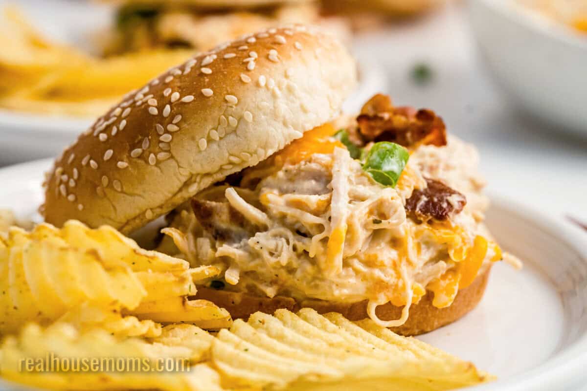 crack chicken sandwich with potato chips on a plate