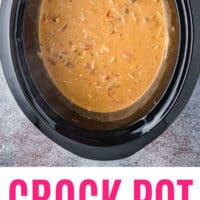 crock pot king ranch chicken soup in a slow cooker with a ladle with recipe name at the bottom