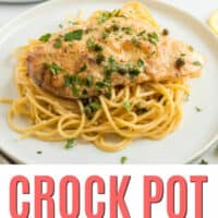 crock pot lemon italian chicken over pasta on dinner plates