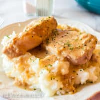 Two pork chops on a bed of mashed potatoes covered in sauce from crock pot