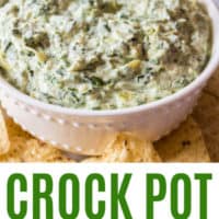 chip dipped in a bowl of spinch artichoke dip made in a slow cooker