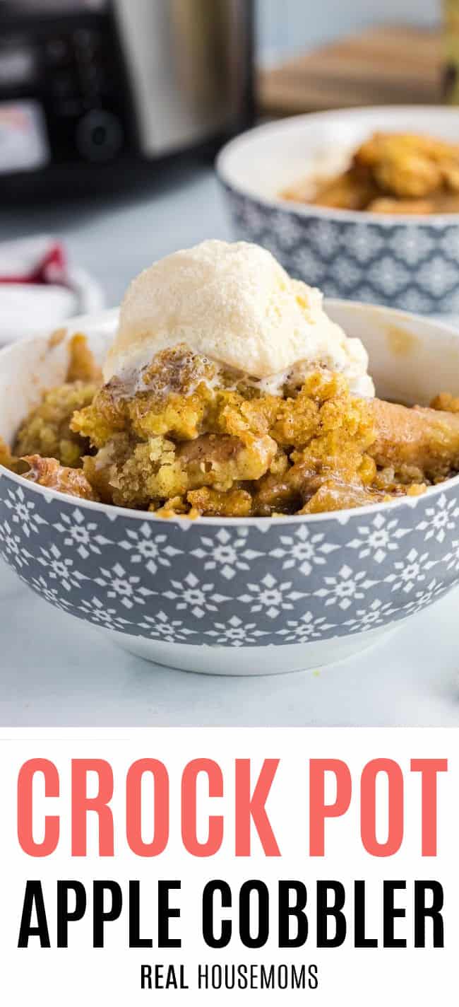 crock pot apple cobble rin a bowl topped with vanilla ice cream