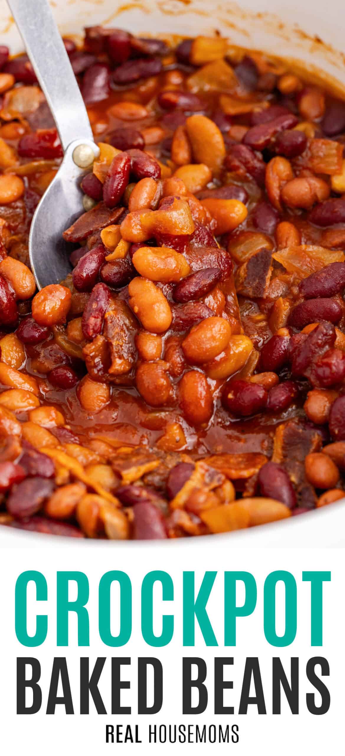 spoon of baked beans being taken from a crock pot with recipe name at the bottom
