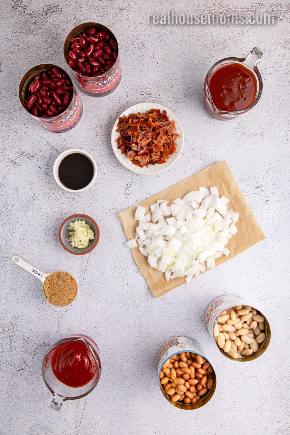 ingredients to make crockpot baked beans laid out on a counter
