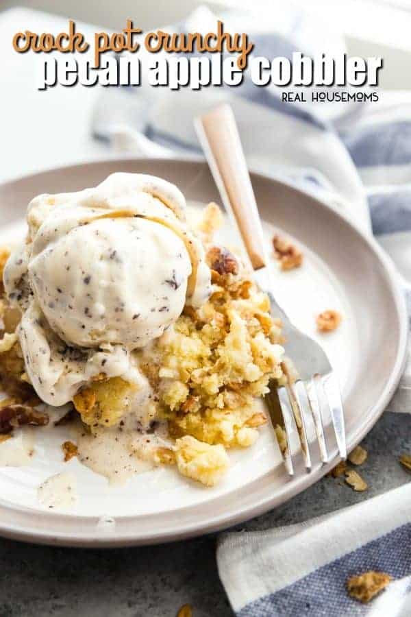 Crock Pot Crunchy Pecan Apple Cobbler is a warm and totally delicious apple cobbler that you make your slow cooker in no time at all! Just toss all the ingredients in and give it a couple hours!