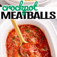 top picture close up of crockpot meatballs server over spaghetti and topped with parsley and parmesan, bottom picture spoonful of crockpot meatballs over the slow cooker with the title of the post in the middle of the two images in blue and black lettering