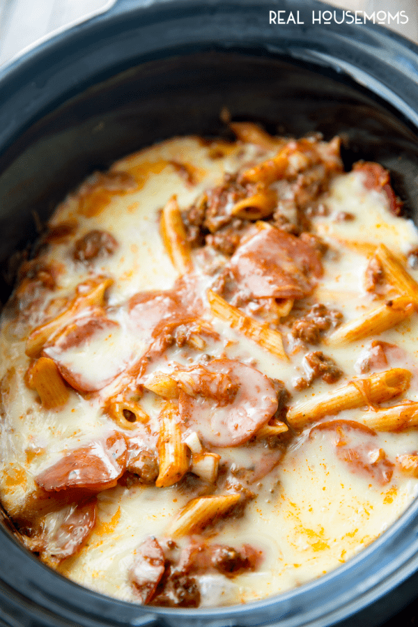 Crock Pot Pizza Casserole finished cooking in the slow cooker