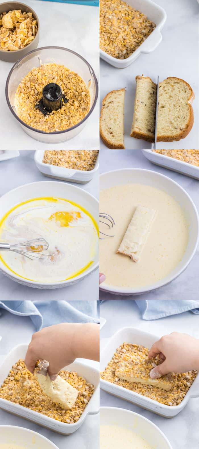 cereal crumbs in a food processor bowl, pieces of bread being cut into quarters to make sticks, milk and eggs in a shallow bowl with a whisk, bread stick soaking in custard mixture, soaked bread stick being dipped into cereal crumbs, bread stick coated in cereal