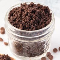square image of chocolate lip scrub in a small jar