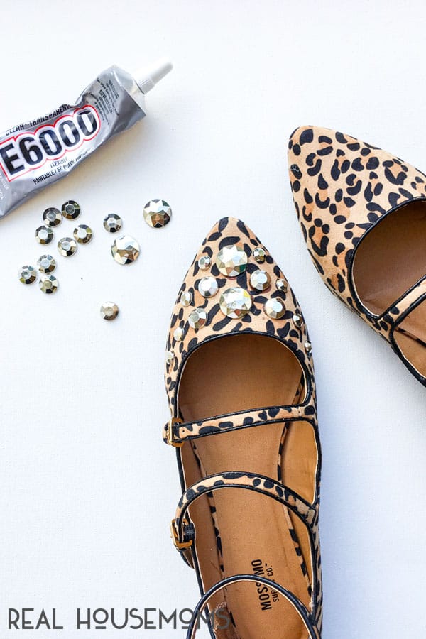 Rhinestones being glued to flats for DIY J Crew Embellished Flats