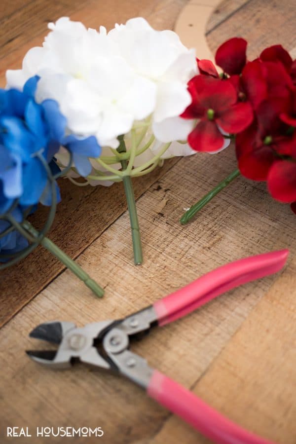Snipped hydrangea stems for DIY Patriotic Wreath