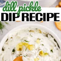 top picture is dill pickle dip in a white bowl, second picture is someone dipping a cracker to the dill pickle dip