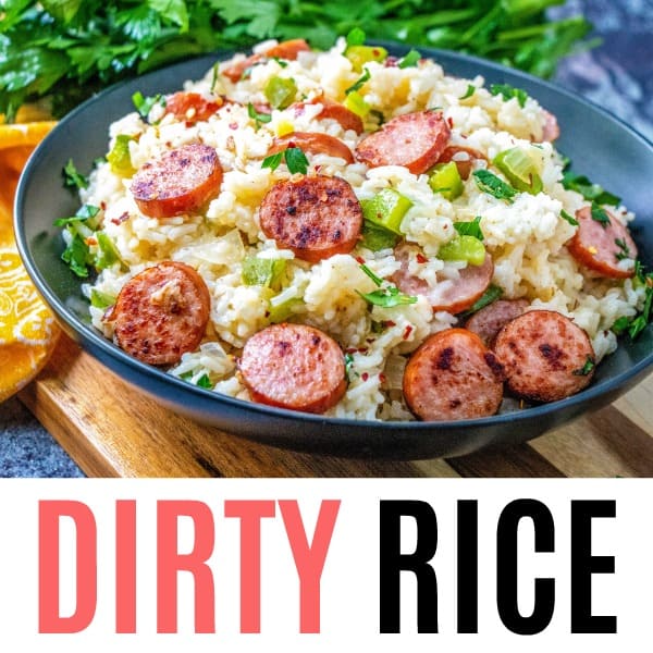 square image of dirty rice with text