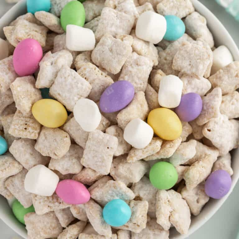 square close up image of easter bunny chow in a bowl