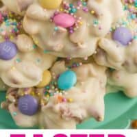 close up of easter crock pot candy piled up on a plate with recipe name at bottom
