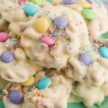 square image of easter crock pot candy piled up on a plate