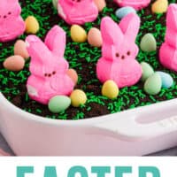 easter dirt cake in a baking dish with recipe name at the bottom