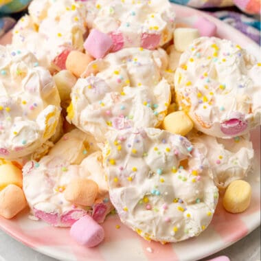 square image of easter marshmallow bark egg pieces piled on a plate