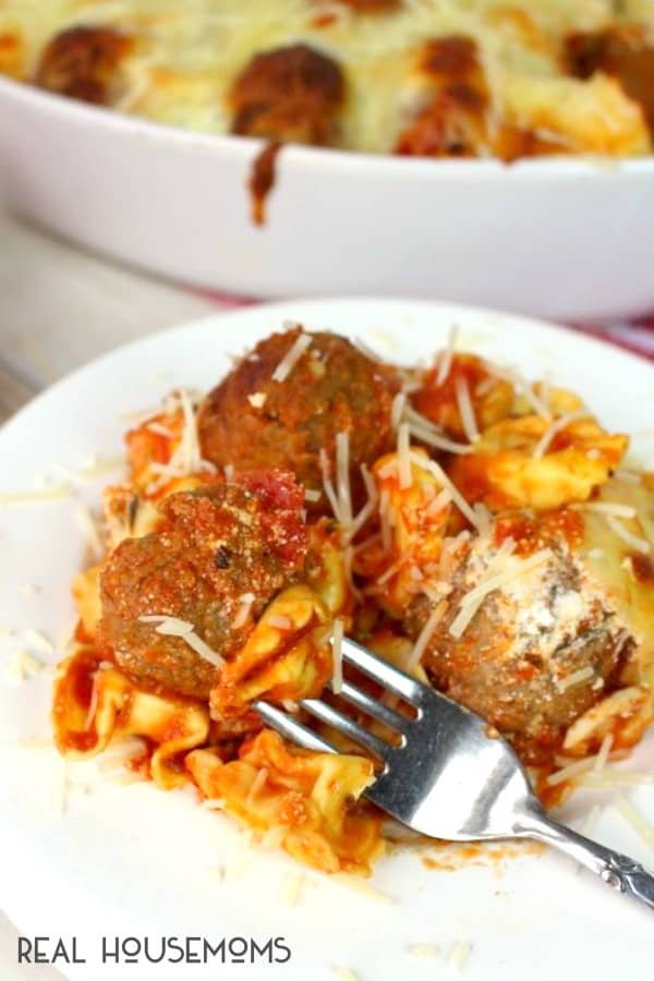 Easy Baked Tortellini and Meatballs is a wonderfully delicious dinner option any night of the week! Everyone in the family will love this cheesy, delicious pasta!