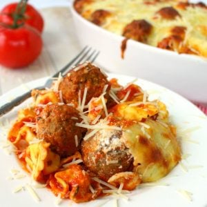 Easy Baked Tortellini and Meatballs is a wonderfully delicious pasta dinner option any night of the week! Everyone in the family will love this cheesy, delicious pasta!