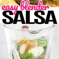 top is a bowl full of easy blender sales, bottom pic is all the ingredients in a blender for the easy blender salsa