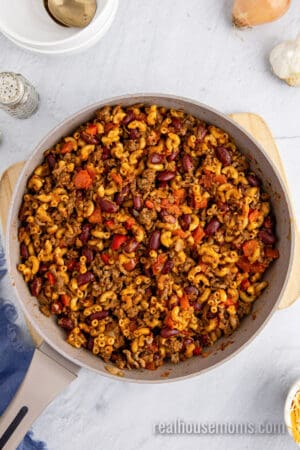 looking down at chili mac skillet dinner after simmering