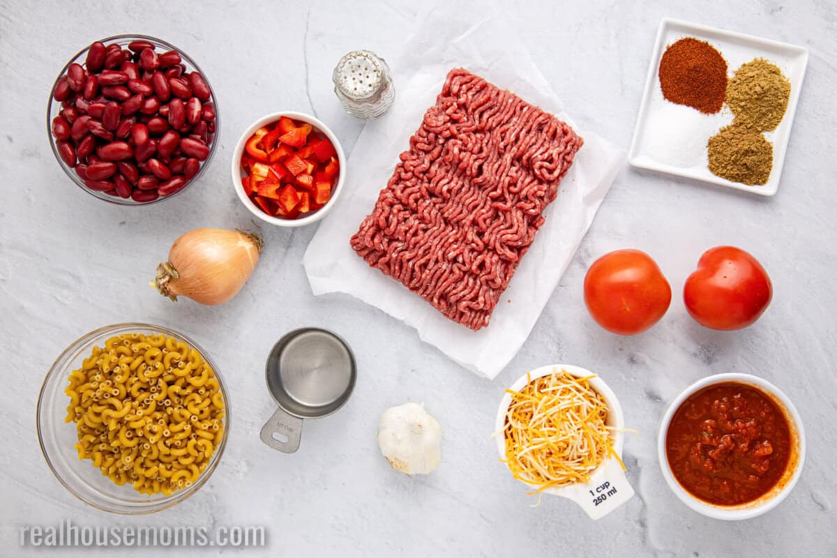 ingredients to make one skillet chili mac laid out on a counter
