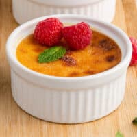 two easy creme brulee in ramekins with recipe name at the bottom