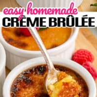top image of easy creme brulee topped with fresh raspberries and mint, bottom is a spoon full of easy creme brûlée