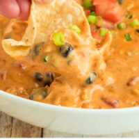 tortilla chip dipped in to easy queso chicken dip with recipe name at the bottom