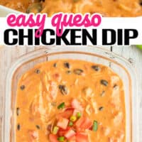top is a chip being dipped in the easy Queso chicken dip, bottom is a picture of the easy Queso chicken dip
