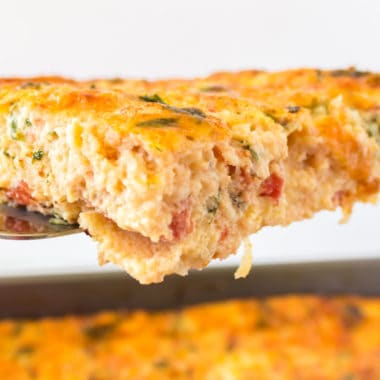 Easy Spinach & Tomato Breakfast Casserole is filled with eggs, tomatoes, spinach, and cheese. It’s a comforting breakfast you’ll want to make again and again!
