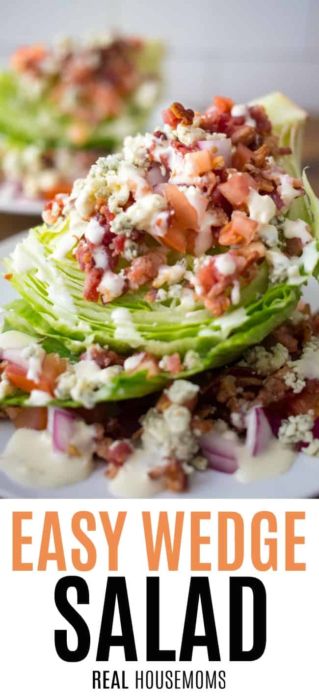 easy wedge salad recipe with blue cheese, bacon, tomato, and red onion