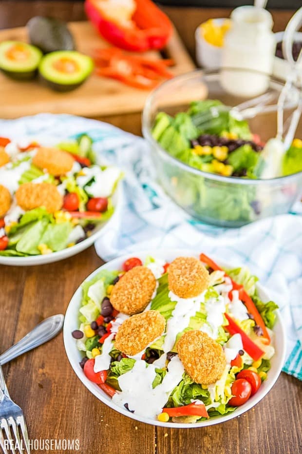Southwest Chik'n Salad in a bowl with ranch dressing