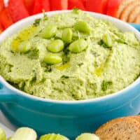 square image of edamame hummus in a serving bowl with veggies in the background