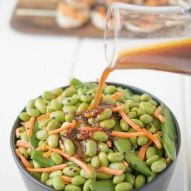 A quick and easy salad or side dish. This EDAMAME SNAP PEA SALAD comes well-dressed in an umami inducing sesame ginger dressing!