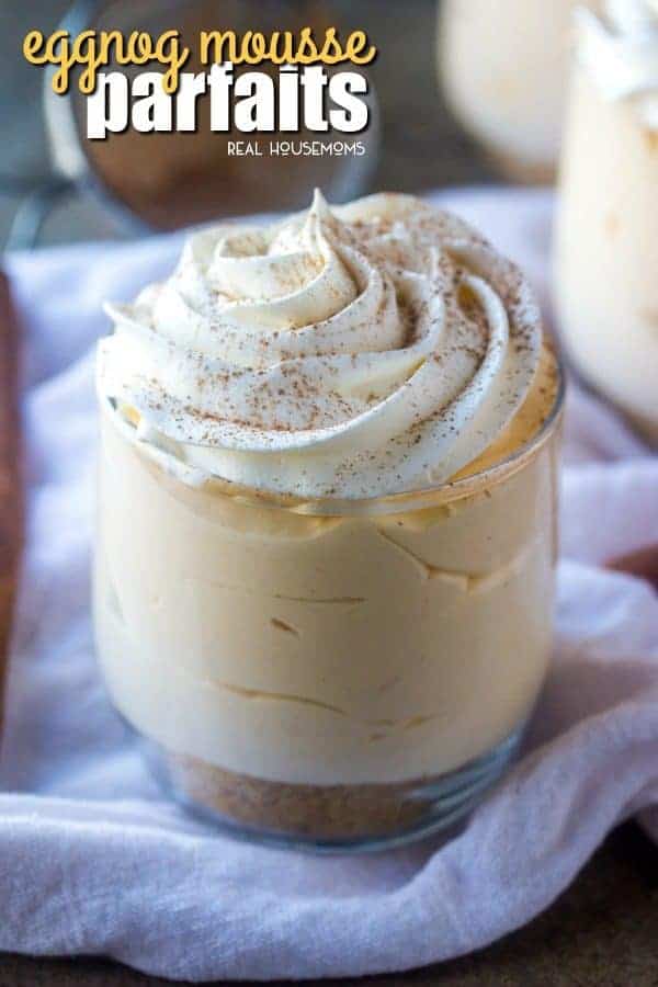Creamy, crunchy and delicious these Eggnog Mousse Parfaits are set atop a graham cracker "crust" for a perfect single serving holiday treat!