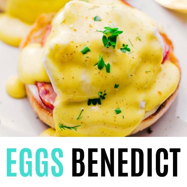 square image of eggs benedict with text