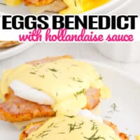 top pic is a eggs Benedict with hollandaise sauce on a white plate, bottom is two eggs Benedict with hollandaise sauce