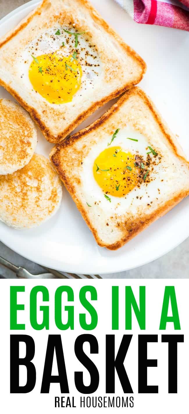 eggs in a basket on a plate with cutouts made into cinnamon sugar toast